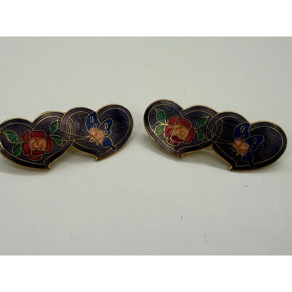 Vintage Cloisonne Enamel Double Heart Hair Barrettes Clips Butterfly Purple Gold